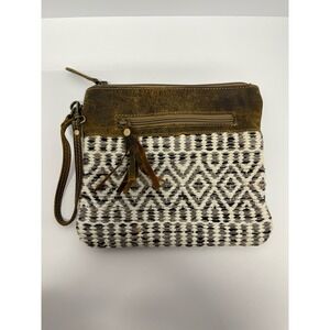 Myra Bag Purse Distressed Leather, Canvas 9.5"x8.5" Pouch Wristlet Clutch